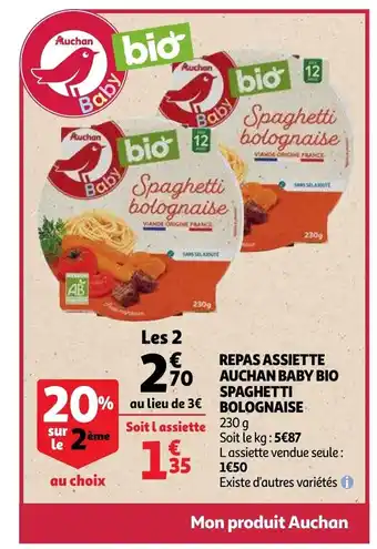 Auchan Repas Assiette Auchan Baby Bio Spaghetti Bolognaise 230g aanbieding