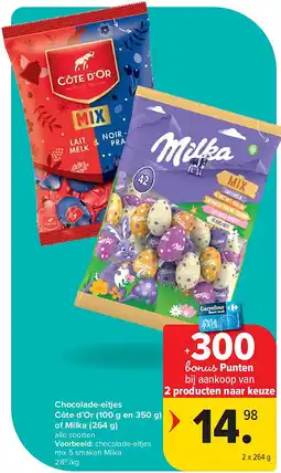 Carrefour Chocolade-eitjes Côte d’Or (100 g en 350 g) of Milka (264 g) aanbieding