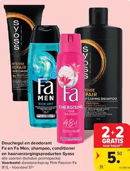 Carrefour Douchegel en deodorant Fa en Fa Men, shampoo, conditioner en haarverzorgingsproducten Syoss aanbieding
