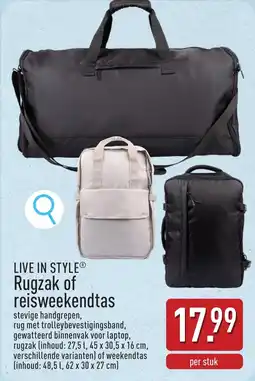 ALDI Live in Style Rugzak of Reisweekendtas aanbieding