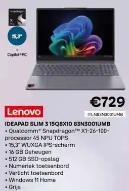 CompuDeals Lenovo ideapad slim 3 15Q8X10 83N3001UMB aanbieding