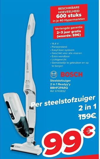 Carrefour Bosch Steelstofzuiger 2 in 1 Readyy'y BBHF2PARQ aanbieding