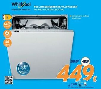 Krëfel Whirlpool full integreerbare vaatwasser wi 7020 p powerclean pro aanbieding
