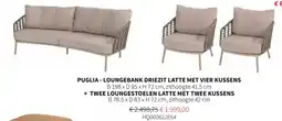 Horta Puglia - loungebank driezit latte met + twee loungestoelen latte met twee kussens vier kussens aanbieding