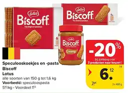 Carrefour Speculooskoekjes en -pasta Biscoff Lotus aanbieding