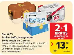 Carrefour Bier 0,0% Jupiler, Le e, Hoegaarden, Stella Artois en Corona aanbieding