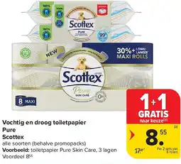 Carrefour Vochtig en droog toiletpapier Pure Scottex aanbieding