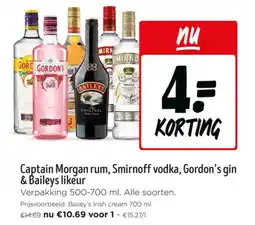 Jumbo Captain morgan rum smirnoff vodka, gordon's gin & baileys likeur aanbieding
