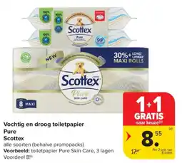 Carrefour Market Vochtig en droog toiletpapier pure scottex aanbieding