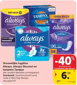 Carrefour Market Vrouwelijke hygiëne always, always discreet en tampons tampax aanbieding