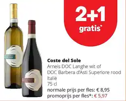 Spar Coste del Sole Arneis DOC Langhe wit of DOC Barbera d’Asti Superiore rood Italië 75 cl aanbieding