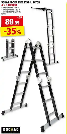 Hubo VOUWLADDER MET STABILISATOR 4 x 3 TREDEN aanbieding