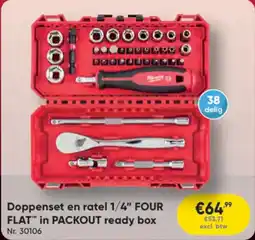 Toolstation Milwaukee Doppenset en ratel ¼" FOUR FLAT in PACKOUT ready box aanbieding