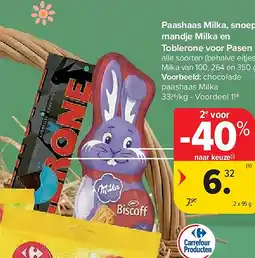 Carrefour Paashaas Milka, snoep, mandje Milka en Toblerone voor Pasen aanbieding