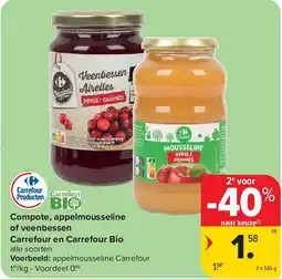 Carrefour Compote, appelmousseline of veenbessen Carrefour en Carrefour Bio aanbieding