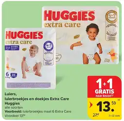 Carrefour Luiers, luierbroekjes en doekjes Extra Care Huggies aanbieding