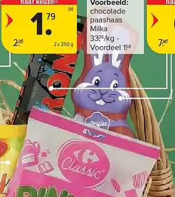 Carrefour Paashaas Milka, snoep, mandje Milka en Toblerone voor Pasen aanbieding