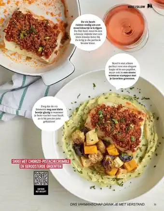 Skrei met chorizo-pistachecrumble en geroosterde groenten