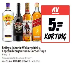 Jumbo Baileys, Johnnie Walker whisky, Captain Morgan rum & Gordon’s gin aanbieding