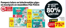Kruidvat Pampers luiers en luierbroekjes gigaen maxipack en maandbox Paw Patrol aanbieding