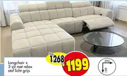 Budget Meubelen Longchair + 3-zit met relax stof licht grijs aanbieding