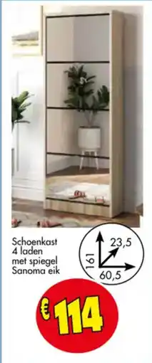 Budget Meubelen Schoenkast 4 laden met spiegel Sanoma eik aanbieding