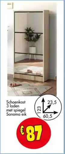 Budget Meubelen Schoenkast 3 laden met spiegel Sanoma eik aanbieding