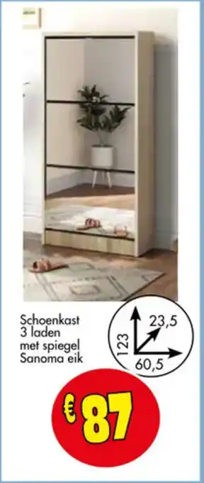 Schoenkast 3 laden met spiegel Sanoma eik