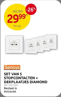 Brico Sencys Set van 5 Stopcontacten + Dekplaatjes Diamond aanbieding