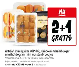 Jumbo Artisan mini quiches OP=OP, Jumbo mini hamburger, mini hotdogs en mini worstenbroodjes aanbieding
