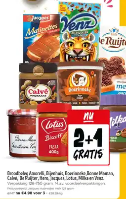 Jumbo Broodbeleg Amorelli, Bijenhuis, Boerinneke, Bonne Maman, Calvé, De Ruijter, Hero, Jacques, Lotus, Milka en Venz aanbieding
