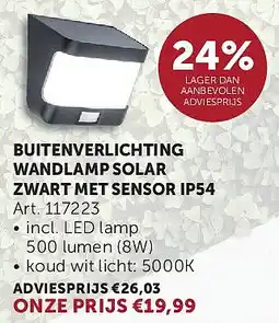 Zelfbouwmarkt BUITENVERLICHTING WANDLAMP SOLAR ZWART MET SENSOR IP54 aanbieding