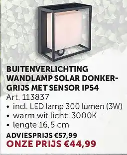 Zelfbouwmarkt BUITENVERLICHTING WANDLAMP SOLAR DONKERGRIJS MET SENSOR IP54 aanbieding
