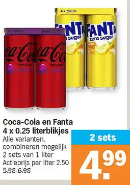 Albert Heijn Coca-Cola en Fanta 4 x 0.25 literblikjes aanbieding