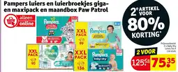 Kruidvat Pampers luiers en luierbroekjes gigaen maxipack en maandbox Paw Patrol aanbieding