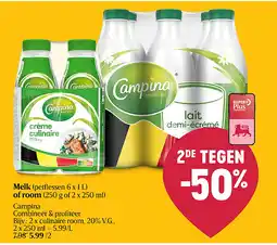 Delhaize Melk (petflessen 6 x 1 L) of room (250 g of 2 x 250 ml) aanbieding