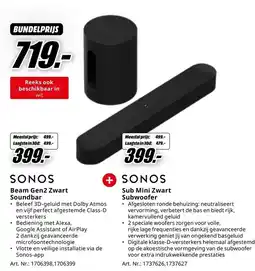 MediaMarkt Sonos Beam Gen2 Zwart Soundbar + Sub Mini Zwart Subwoofer aanbieding