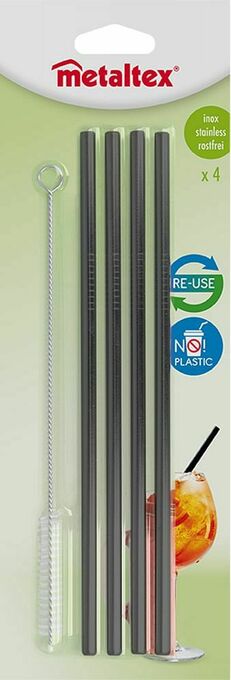 Makro Metaltex Rietjes herbruikbaar 21,5 cm zwart 4 stuks aanbieding