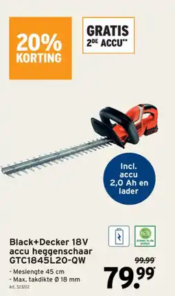 GAMMA Black+decker 18v accu heggenschaar gtc1845l20-qw aanbieding