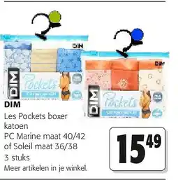 Colruyt DIM Les Pockets boxer katoen PC Marine maat 40/42 of Soleil maat 36/38 3 stuks aanbieding