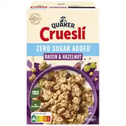 Albert Heijn Quaker Cruesli raisin hazelnut zero sugar added aanbieding