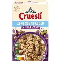 Albert Heijn Quaker Cruesli raisin hazelnut zero sugar added aanbieding
