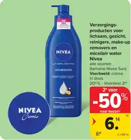 Carrefour Verzorgingsproducten voor lichaam, gezicht, reinigers, make-up removers en micellair water Nivea aanbieding