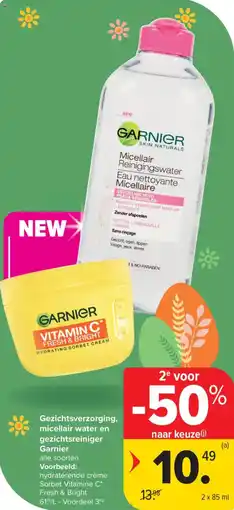Carrefour Gezichtsverzorging, micellair water en gezichtsreiniger Garnier aanbieding
