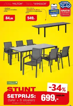 Hubo Garden Plus 6 Stoelen Milton + Tafel Windsor aanbieding