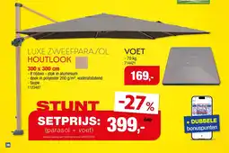 Hubo Garden Plus Luxe Zweefparasol Houtlook + Voet aanbieding