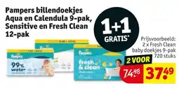 Kruidvat Pampers billendoekjes Aqua en Calendula 9-pak, Sensitive en Fresh Clean 12-pak aanbieding