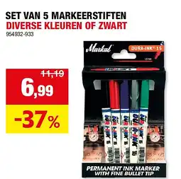 Hubo SET VAN 5 MARKEERSTIFTEN DIVERSE KLEUREN OF ZWART aanbieding