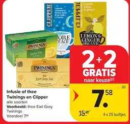 Carrefour Infusie of thee Twinings en Clipper aanbieding