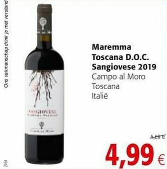 Colruyt Maremma toscana d.o.c. sangiovese 2019 campo al moro toscana italië aanbieding